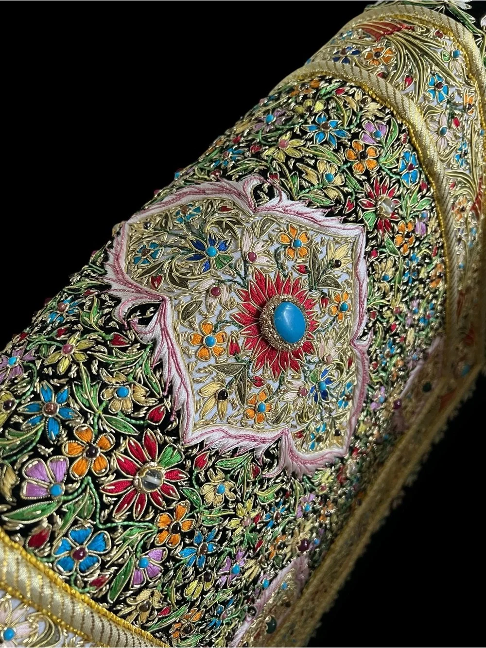 Esquisite Zardozi Style Metallic Embroidered Velvet Wall Tapestry Jeweled 20x25”